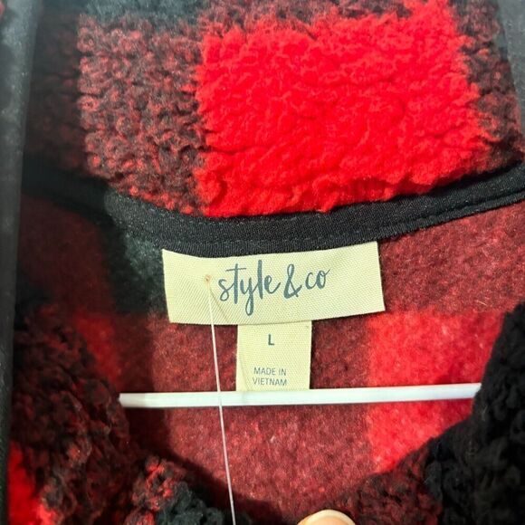 NWT Style & Co  Pullover Jacket Multicolor Large Plaid 1/4 Zip Long Sleeve Red - Picture 5 of 8